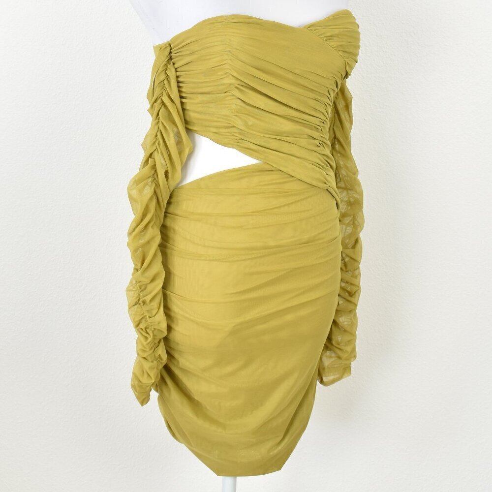 Miss Circle Ruched Chartreuse Cold Shoulder Bodycon Cut Out Dress - M - Picture 9 of 10